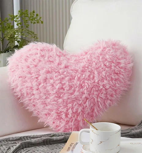 Vista 10 de MOOWOO - Almohada de corazón morado, almohada mullida de corazón con funda de almohada e relleno, piel sintética suave, diseño decorativo