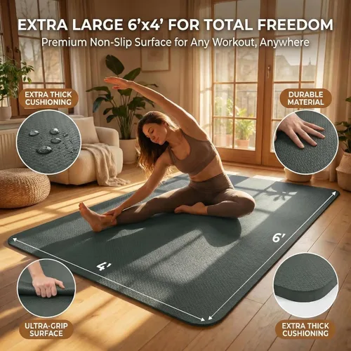Vista 3 de Esterilla grande de yoga de 6'x 4' (72"x 48") — Esterilla de ejercicio extra ancha de 1/4" y 1/3" de 183cm x 122cm, gran esterilla de ejercicio