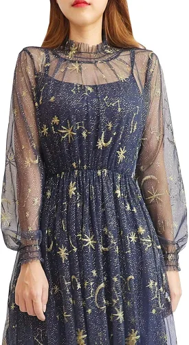 Vista 3 de Women Summer Chiffon Dress Stars Moon Print Embroidered Skirt Long Puff Sleeve Princess Dress