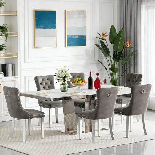 Vista 22 de Juego de mesa de comedor extensible de 63 a 79 pulgadas para 4, moderna mesa de cocina expandible con 4 sillas de terciopelo, mesa de madera gruesa