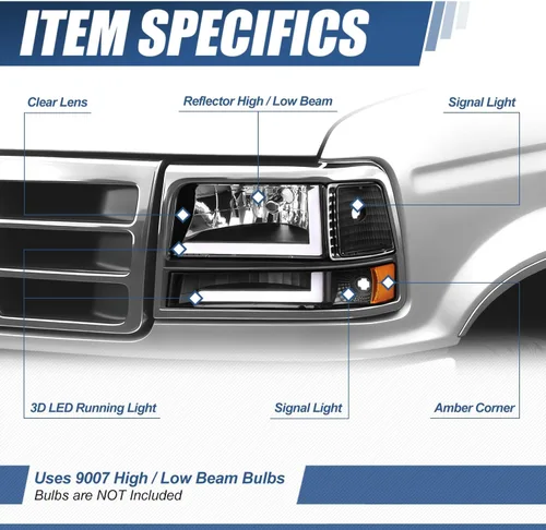 Vista 2 de Auto Dynasty Juego de Faros LED DRL 3D y Lámpara de Parachoques Compatible con Ford F-150 F-250 F-350 Bronco 1992-1996, Lado del Conductor