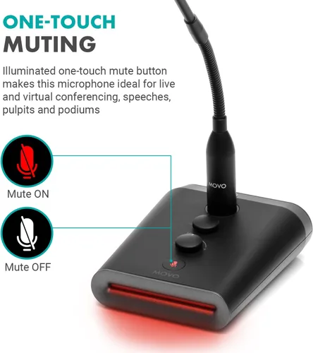 Vista 7 de Movo GM-7 Micrófono profesional de cuello de cisne de 18 pulgadas y base de interfaz USB con luces RGB, ganancia, silencio, micrófono de podio