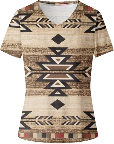 Vista 5 de Camisetas de verano para mujer, con estampado geométrico, cuello en V, elegantes, casuales, holgadas, de manga corta