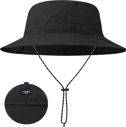 Vista 2 de Sombrero de pesca plegable de secado rápido para mujer, para verano, al aire libre, ligero, para senderismo, con correa de barbilla desmontable Negro