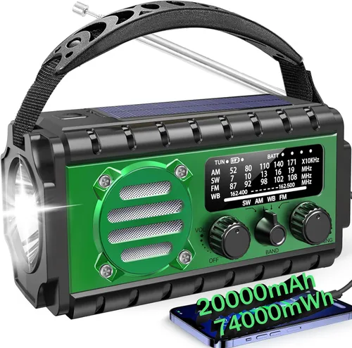 Vista 9 de Aivica Radio de Emergencia de 20000mAh, Radio Meteorológica SW/NOAA/AM/FM, Cargador de Manivela Solar con Batería Grande, Portátil, Carga
