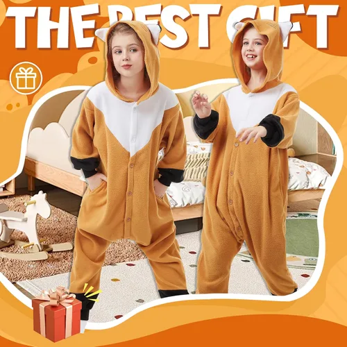 Vista 3 de CANASOUR Fox Onesie - Pijama de una pieza para niños, disfraz de Halloween, anime, Navidad, cosplay, anime, de una pieza, para niños de 4 a 12 años
