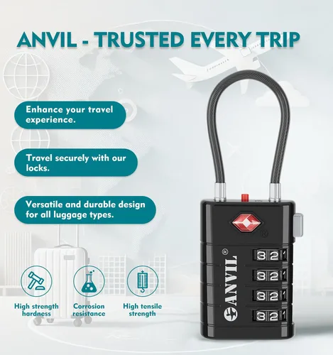 Vista 4 de ANVIL Cerraduras de equipaje de 4 dígitos, cerraduras TSA para equipaje, núcleo avanzado TSA008, indicador de alerta para tu cerradura de viaje
