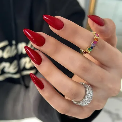 Vista 25 de 48 piezas de uñas postizas a presión color burdeos, uñas falsas en forma de almendra, pegamento para uñas, uñas de longitud media