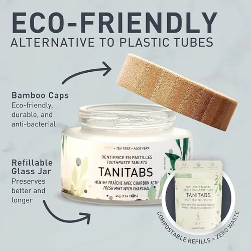 Vista 3 de Tanit abs Tabletas de pasta de dientes de carbón de menta, sin flúor, pasta de dientes natural para el cuidado de las encías y los dientes, pestañas