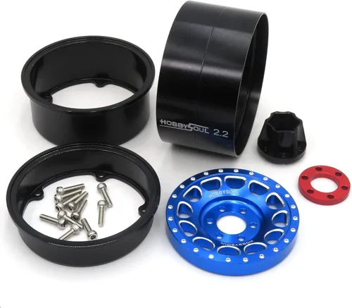 Vista 4 de HOBBYSOUL Llantas RC 2.2 Mud Slingers de 4.882 in y 2.2 Ruedas Beadlock ajustables, 4 llantas de compensación, negro y azul para RC Mud Crawler