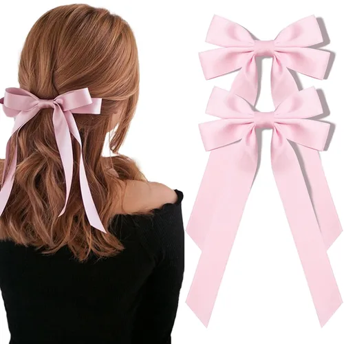Vista 15 de Lazos de satén sedoso y pinzas de cocodrilo, soportes para cola de caballo de cinta negra, accesorios para el cabello para mujeres, niñas, niños