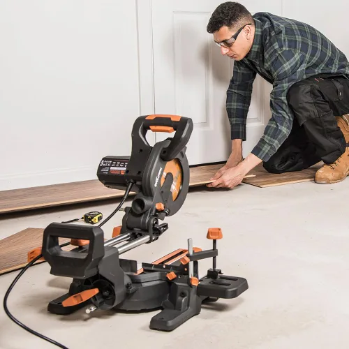 Vista 9 de Sierra de inglete deslizante Evolution Power Tools R185SMS+ con corte multimaterial, bisel de 45 grados, inglete de 50 grados, deslizamiento de 210