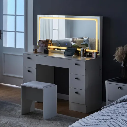 Vista 9 de CLIPOP Escritorio de tocador de maquillaje con espejo iluminado grande, mesa de maquillaje con 7 cajones, toma de corriente, control táctil, 3 modos