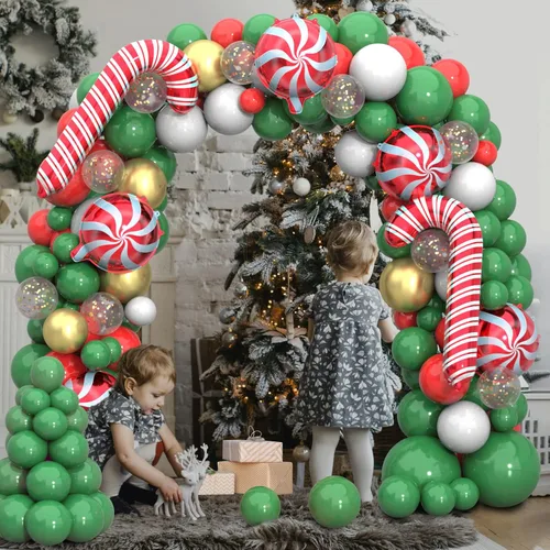 Vista 6 de Kit de arco de guirnalda de globos de Navidad, 150 unidades con globos de aluminio de caramelo de Navidad, verde, rojo, blanco, dorado, globos