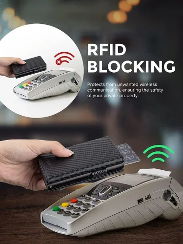 Vista 2 de SXNBH - Tarjetero de cuero genuino con bloqueo RFID, billetera plegable para hombre con compartimento para monedas y compartimento para billetes