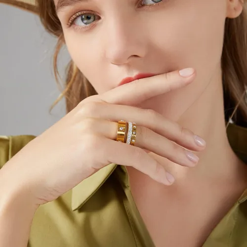 Vista 5 de Love Friendship - Juego de anillos de oro para mujer, chapados en oro de 18 quilates, acero de titanio, delicados anillos de circonita cúbica