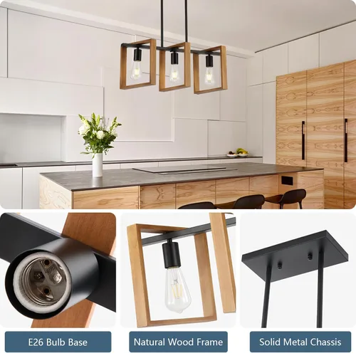 Vista 3 de 9MMML Lámpara de 3 luces para isla de cocina, lámpara de comedor negra, con marco de madera, para sala de estar, vestíbulo, entrada, pasillo, E26