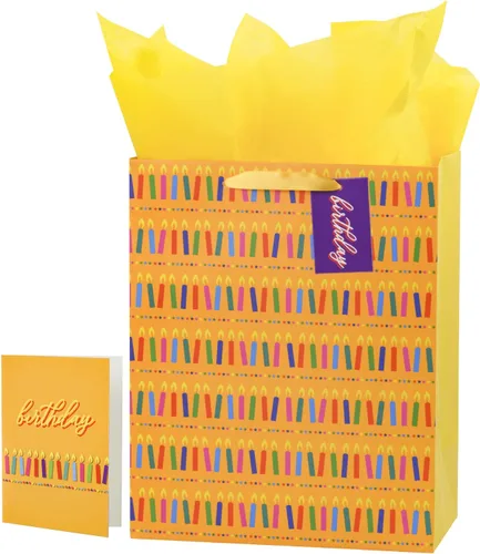 Vista 8 de Loveinside Bolsa de regalo a cuadros azul marino con texto en inglés «Happy Birthday» impresa, tamaño mediano con papel de seda, etiqueta, tarjeta