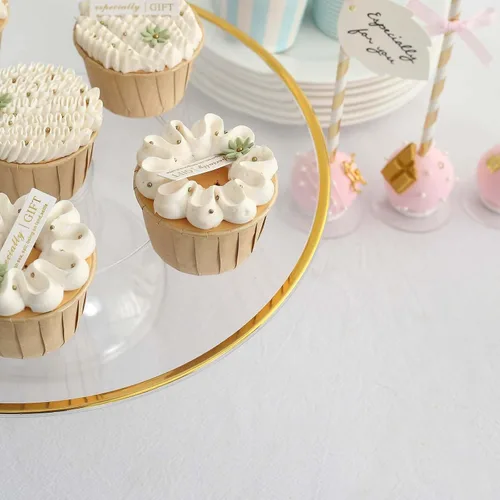 Vista 2 de Efavormart - Paquete de 2 elevadores de plástico transparente de 12 pulgadas con borde dorado para cupcakes y postres, soporte desechable para tartas