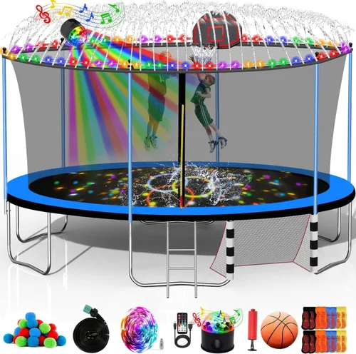 Vista 13 de Trampolín de 1500 libras, 10 pies, 12 pies, 14 pies, 15 pies, 16 pies, con luces LED, rociador, altavoz de música y calcetines, trampolín
