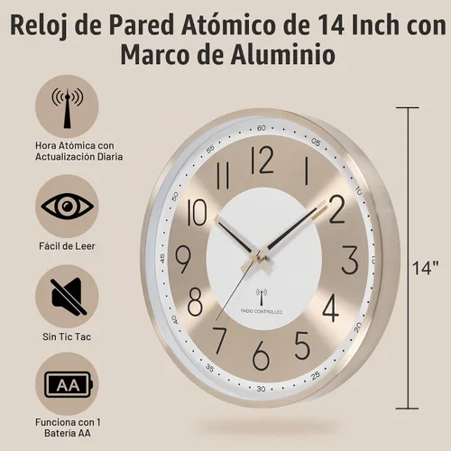Vista 3 de Reloj de pared analógico atómico de 14 pulgadas, funciona con pilas, reloj de pared controlado por radio, juego automático de reloj de pared