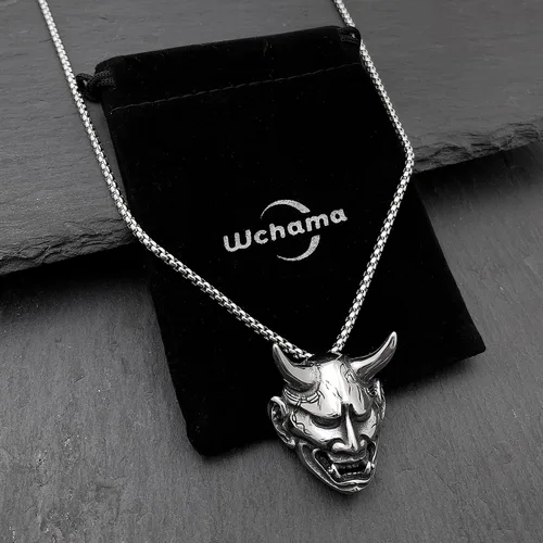 Vista 4 de Oni Mask Hannya Prajna - Collar de acero inoxidable con máscara de diablo japonés, collar de samurái de buena suerte