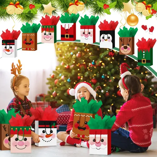 Vista 4 de Cholemy 16 piezas de bolsas de regalo de Navidad medianas gruesas con papel de seda, bolsas de papel kraft de Navidad con asas para envolver regalos