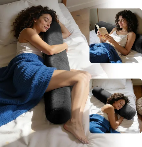Vista 3 de SyMax Almohada corporal de 7.8 x 47 pulgadas para adultos, almohada corporal larga y redonda para adultos, almohada con funda de poliéster Negro