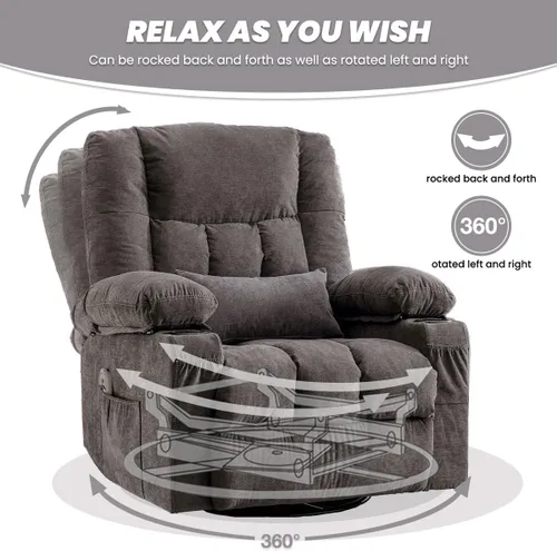 Vista 6 de BOSMILLER Silla reclinable de gran tamaño para adultos con masaje por vibración y calefacción lumbar, mecedora giratoria con soporte para tazas