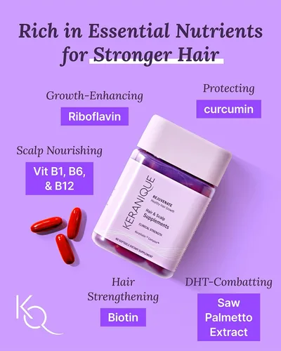 Vista 3 de Keranique Suplementos para el cabello y el cuero cabelludo - Promueve la fuerza y el crecimiento. Lo mejor para el cabello fino. Nutre con biotina