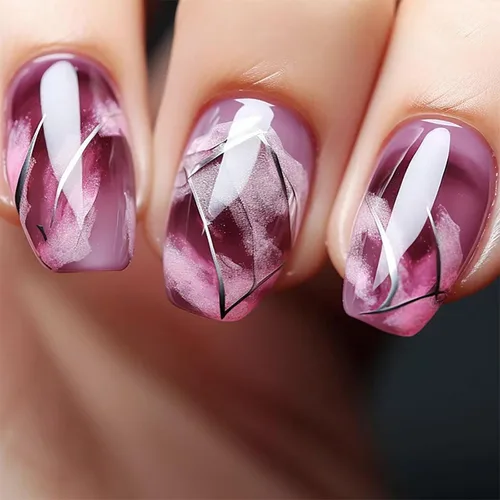 Vista 8 de Uñas postizas cuadradas cortas a presión, uñas postizas de color rosa, de cobertura completa, uñas postizas con purpurina plateada con diseños
