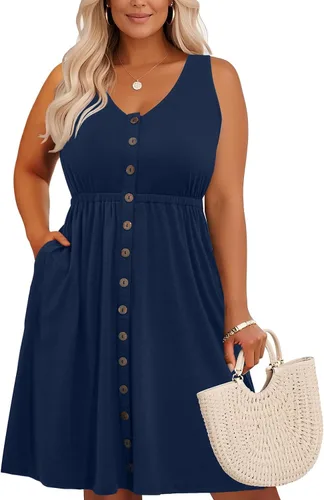 Vista 78 de Holipick Vestidos de verano para mujer, talla grande, casual, con bolsillos, acampanado, con botones, sin mangas, cuello en V