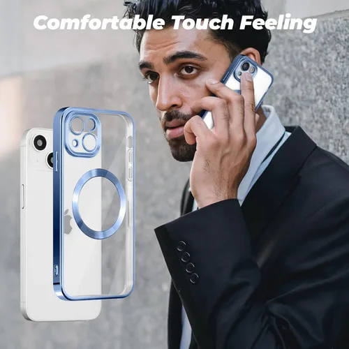 Vista 5 de ZCDAYE Funda para iPhone 13, iPhone 13 compatible con carga inalámbrica, borde azul galvanizado transparente TPU suave a prueba de golpes
