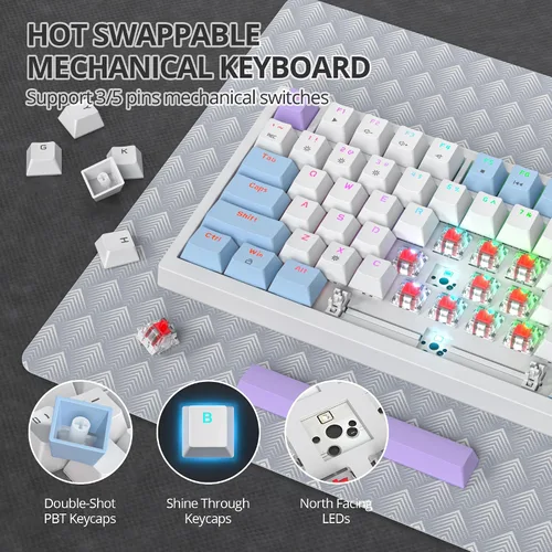 Vista 4 de Junta de teclado 75% montada con almohadillas absorbentes de sonido, teclado mecánico RGB compacto de 82 teclas con cable para juegos, enchufe