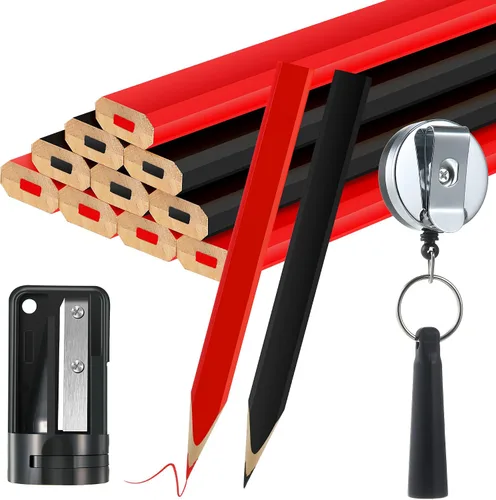 Vista 9 de Hohean 14 Lápices de Carpintero, 7 Pulgadas Octagonales Planos Duros Negros para Carpintería Construcción Lápices Resistentes con Sacapuntas