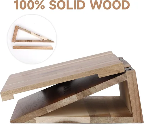 Vista 6 de Soporte de Libros de Madera para Descanso de Lectura, Soporte Triangular de Libros de Acacia con Portavasos, Gafas, Bolígrafo y Soporte