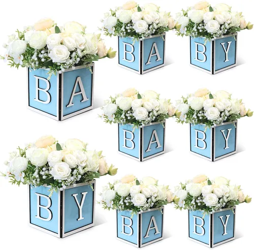 Vista 18 de Juego de 4 centros de mesa de baby shower para mesas, cajas de madera de 6 pulgadas con letras de bebé, cubos rústicos, bloques de madera para Rosa