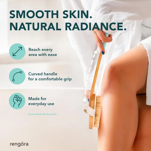 Vista 2 de Cepillo corporal de cepillado en seco, exfoliante corporal con cerdas naturales de jabalí, mango largo ergonómico desmontable, ideal para cepillado