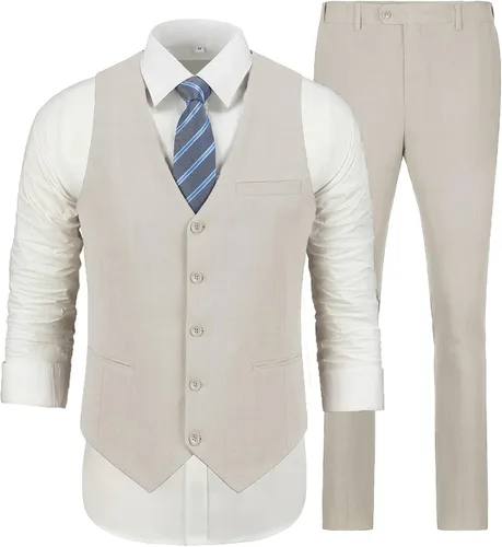 Vista 6 de Trajes de boda de lino para hombre, ajuste delgado, 2 piezas, traje de novio, vestido de fiesta de graduación, esmoquin, chaleco, pantalones