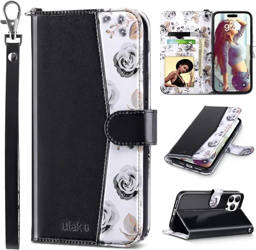 Vista 12 de ULAK Funda tipo cartera compatible con iPhone 15 Pro con tarjetero y diseño de flores, para mujeres y niñas, piel sintética, con función atril