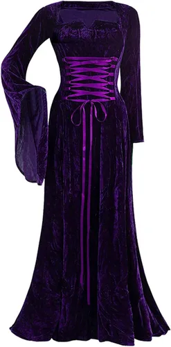 Vista 2 de SHOPESSA Disfraz de Halloween para mujer, vestido medieval de terciopelo, manga acampanada, longitud hasta el suelo, vestido renacentista del siglo