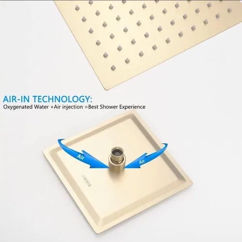 Vista 5 de Sistema de Ducha Dorado Cepillado para Baño con Cabezal de Ducha de Lluvia de 10 Pulgadas de Montaje en Techo con Ducha de Mano de Lujo de Alta