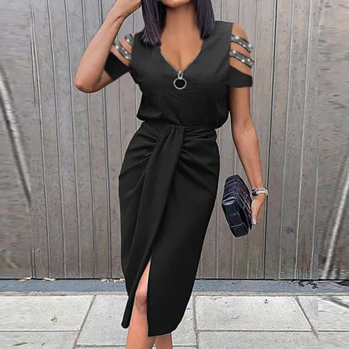 Vista 2 de Luciava Vestido de noche con cuello en V y hombros descubiertos y manga corta para mujer vestido de verano elegante con abertura