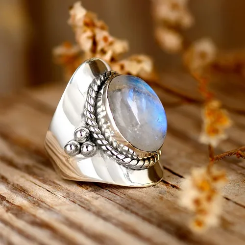 Vista 6 de Boho-Magic Anillo de plata de ley con piedra lunar para mujer, joyería bohemia, piedra preciosa ovalada