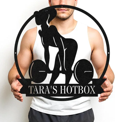Vista 18 de Cartel de metal personalizado para gimnasio con nombre, arte de pared para sala de entrenamiento en casa, garaje, espacio de fitness, decoración