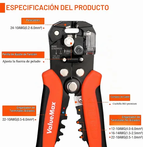 Vista 2 de ValueMax Juego de herramientas para pelacables de 266 piezas, herramienta automática autoajustable de 8 pulgadas para AWG 10-24, pelacables