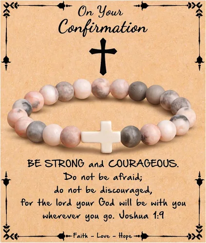 Vista 19 de JoycuFF Regalos Cristianos, Pulseras de Cruz para Mujeres, Joyería Cristiana Católica Religiosa de Fe de Pascua, Pulseras de Piedra Natural