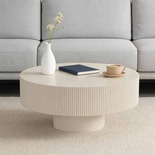 Vista 3 de Mesa de centro redonda acanalada de tambor, moderna mesa de centro circular de madera, mesa de té de relieve hecha a mano con pedestal resistente