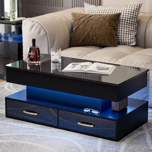 Vista 4 de IKIFLY Mesa de Centro Moderna con Tapa Elevable, Alto Brillo con Luces LED de 16 Colores, Tapa Elevable con 2 Cajones y Compartimento Oculto