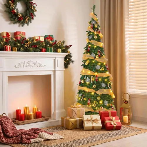 Vista 9 de TLSUNNY Árbol de Navidad desplegable de 1.8 m con luces, árbol de Navidad plegable con control remoto, totalmente decorado con luces preinstaladas